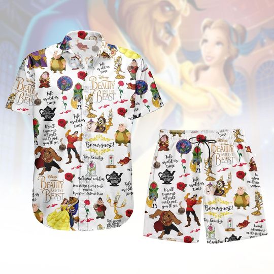 Discover Beauty and the Beast Hawaiian Shirt, Disney Belle Princess Button Shirt, Disney Fairytale Vacation Shirt, Romantic Outfit For Summer