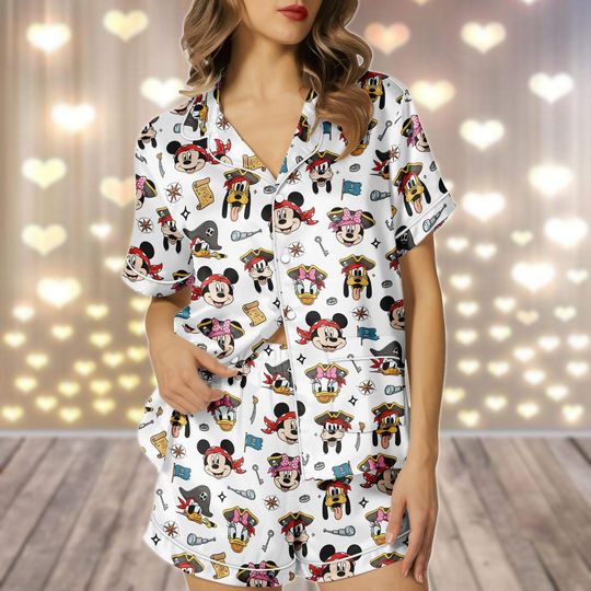 Discover Mickey & Friends Pirate Satin Pajamas Set, Vintage Disney Pirate Women Pajamas, Minnie Goofy Donald Shorts Pjs, Disney Cruise 2026 Pjs