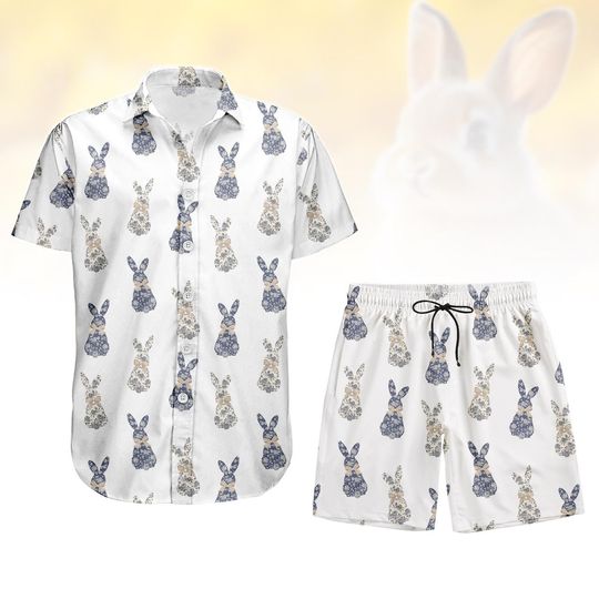 Discover Vintage Bunny Hawaiian Shirt, Easter Rabbit Button Shirt, Shorts For Men, Vacation Shirt, Rabbit Lover Gifts, Holiday Party Outfit