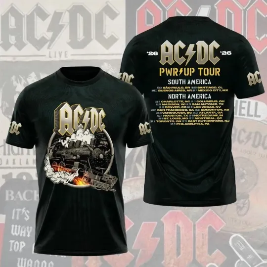 Discover AC-DC PWR/UP Tour 2026 Rock N Roll Train Black Band T-Shirt