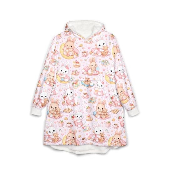 Discover Pink Bunny Hooded Blanket Hoodie, Cozy Fleece Hoodie