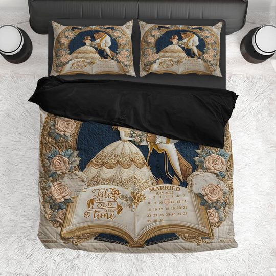 Custom Bella And The Beast Quilt Bed Set, Beauty And The Beast Bedding, Wedding Disney Quilt, Fairytale Bedroom Decor, Wedding Gift
