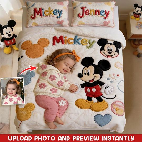 Discover Magic Friends Personalized Ohana Quilt Set, Mouse Sleeping Kid Quilted Set for Cartoon Lover, Baby Boy Girl