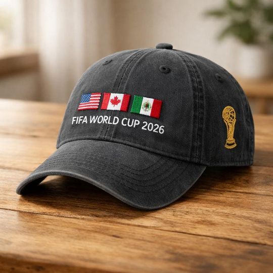 FIFA World Cup 2026 Hat with USA Canada Mexico Flags and Trophy Embroidery  Vintage Style Adjustable Baseball Cap for Soccer Fans