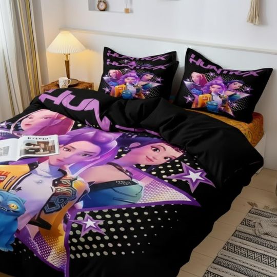 Kpop Demon Hunters Anime Bed Set  Colorful Quilt Cover and Pillowcases For Kids Adults