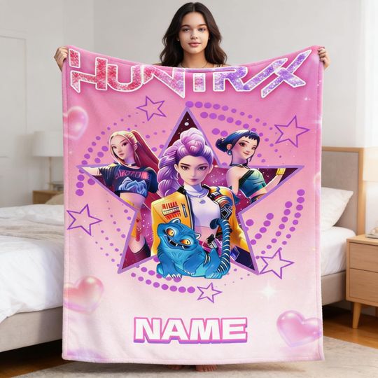 Discover Custom Name Huntrix KPop Blanket Personalized Pink Glitter Star Fandom Throw
