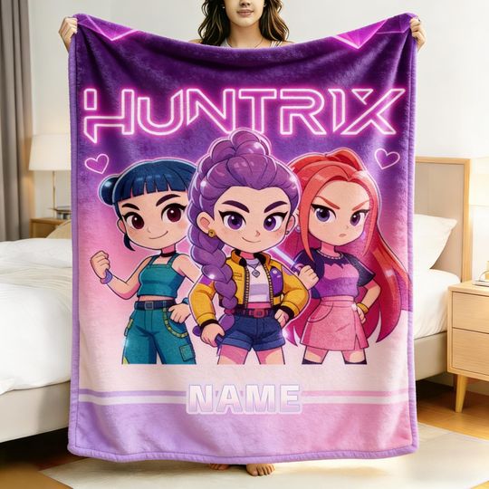 Discover Custom Name Huntrix Kpop Blanket, Personalized Chibi Demon Hunters Fleece Blanket
