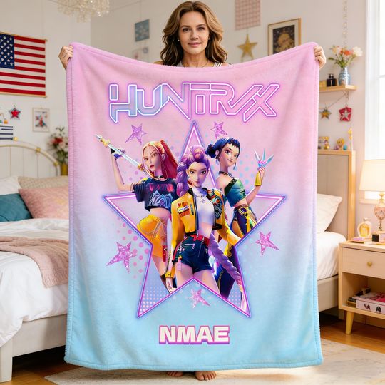 Discover Personalized Huntrix Neon Star Blanket Kpop Demon Hunters Custom Name Gift
