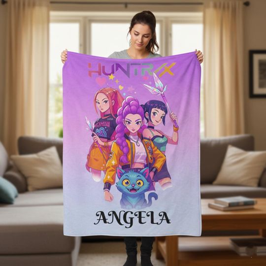 Personalized Kpop Anime Blanket with Name  Custom Huntrix Fleece Throw for Fans Gift