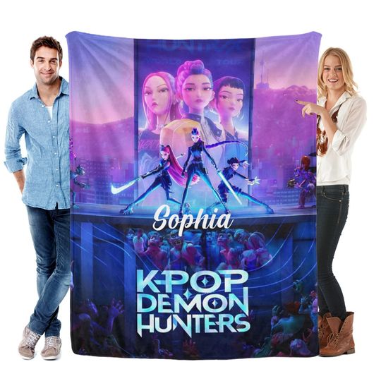 Discover Personalized Cozy K pop Demon Hunters Blanket ,Flannel Kids Name Blanket,Kpop Fun Gift.