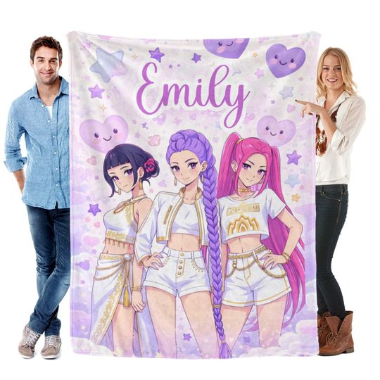Personalized Cozy K pop Demon Hunters Blanket ,Flannel Kids Name Blanket,Kpop Fun Gift.