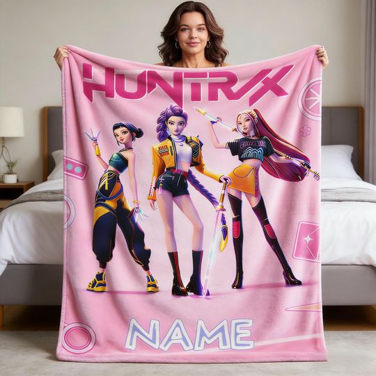 Discover Huntrix Pink Gradient Throw, Personalized Name Kpop Blanket, Fleece Fan Gift