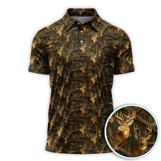 Discover Deer Pattern Golf Polo for Men, Realistic Camo Shirt, Crazy Golf Shirt for Golfer