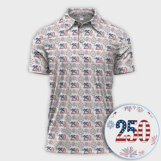 Discover USA 250th Anniversary Golf Polo Shirt for Men, Patriotic American Golf Shirt, USA Golf Pattern