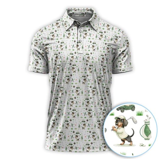 Discover Dachshund Golfer Pattern Polo Shirt, Funny Wiener Dog Golf All Over Print Shirt, Gift for Dog Lovers