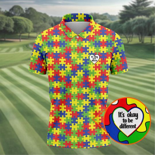 Discover Autism Awareness Golf Polo, Puzzle Piece Shirt, It's Okay To Be Different, April Autism Support Gift
