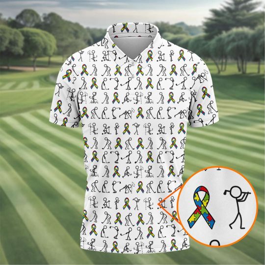Discover Stick Figure Golf Pose Autism Ribbon Polo Shirt, Autism Awareness Colors Golf Shirt For Men