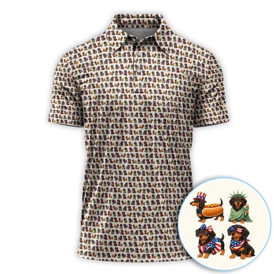 Discover Funny Dachshund Golf Polo Shirt, Patriotic USA Dog Pattern Polo, Mens Golf Shirt, 4th Of July Dog Lover Gift