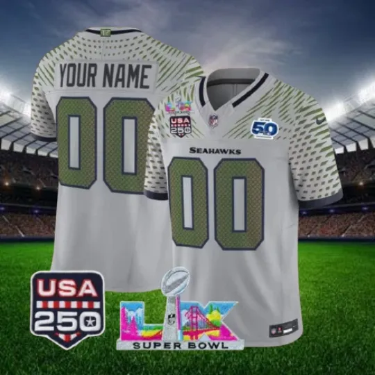 Discover Custom Seahawks Wolf Gray Super Bowl LX 250th Patch Jersey