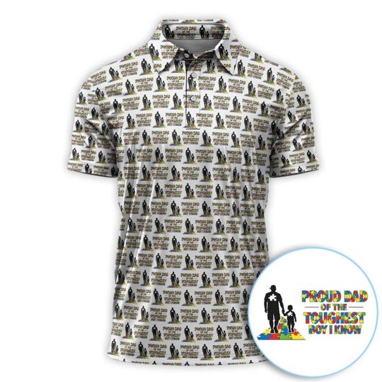 Proud Dad Autism Awareness Golf Polos, Autism Awareness Pattern Golf Shirt For Father Day