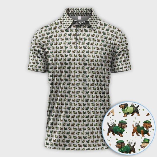 Discover Dog St. Patricks Day Golf Polo, Dachshund Pattern Golf Shirt for Men, Funny Golf Gift for Golfer