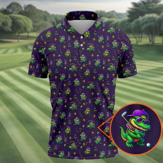 Discover Funny Crocodile Mardi Gras Golf Polo, Purple Golf Shirt for Men, Golf Gift for Men