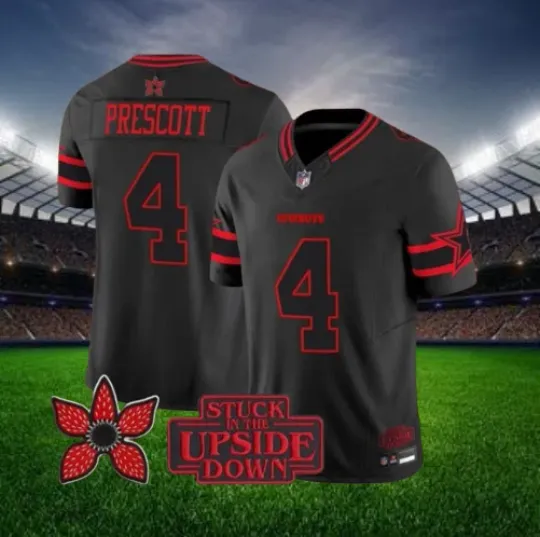 Discover Dak Prescott #4 Cowboys Black 2025 Stranger Things Jersey