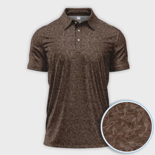 Discover Funny Duck Pattern Golf Polo, Brown Camouflage Golf Shirt for Men, Cool Outdoor Golf Gift for Golfers