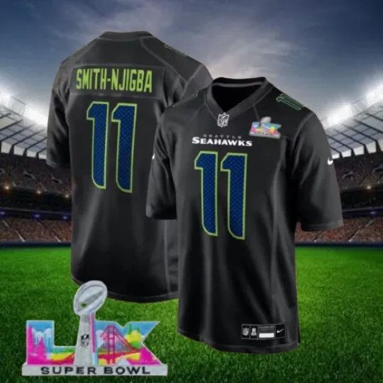 Discover Smith-Njigba #11 Seahawks Black Super Bowl LX Patch Jersey