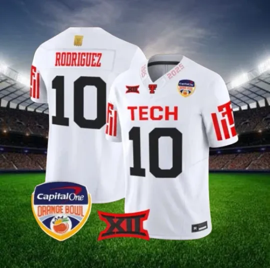 Jacob Rodriguez #10 Red Raiders White 2025 Orange Bowl Jersey