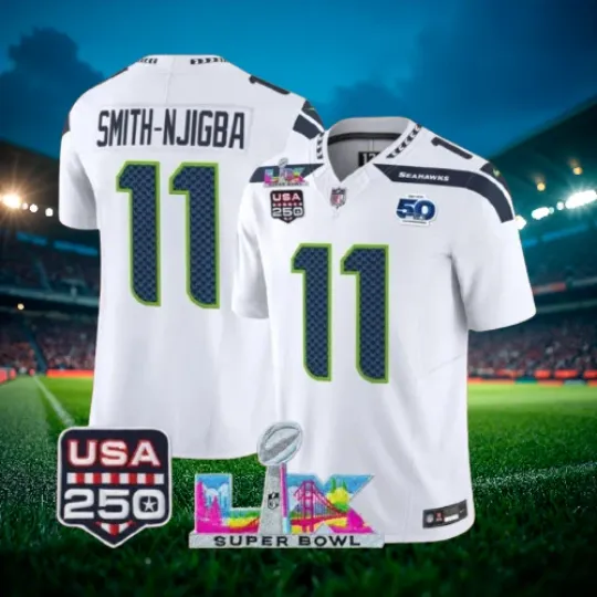 Discover Smith-Njigba #11 Seahawks White Super Bowl LX 250th Jersey