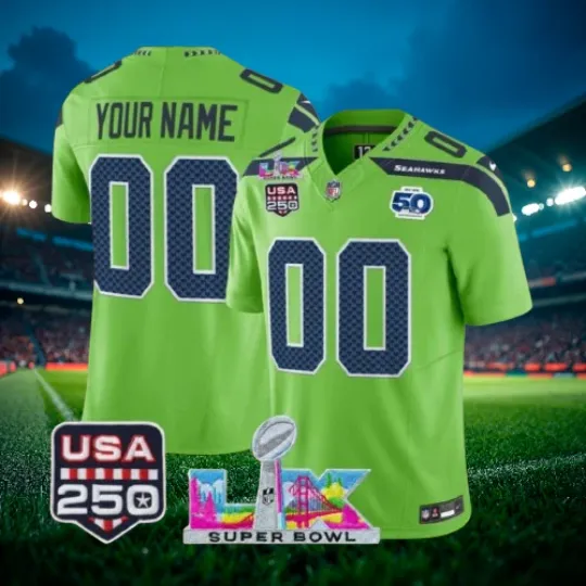 Discover Custom Seahawks Green Super Bowl LX 250th Jersey