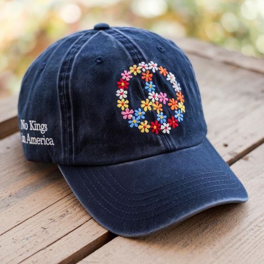 Discover Floral Peace Sign Embroidered Hat, No Kings in America Embroidered Dad Cap, Hippie Political Protest Hat, Vintage Navy Washed Cap