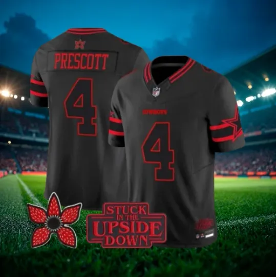 Discover Dak Prescott #4 Cowboys Black 2025 Stranger Things Jersey