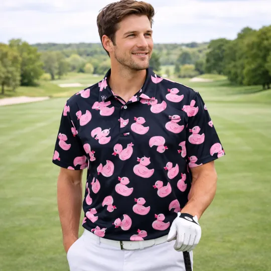 Discover Nivichi Men's Polo Shirt XL Black with Pink Rubber Ducky Golf Casual Summer