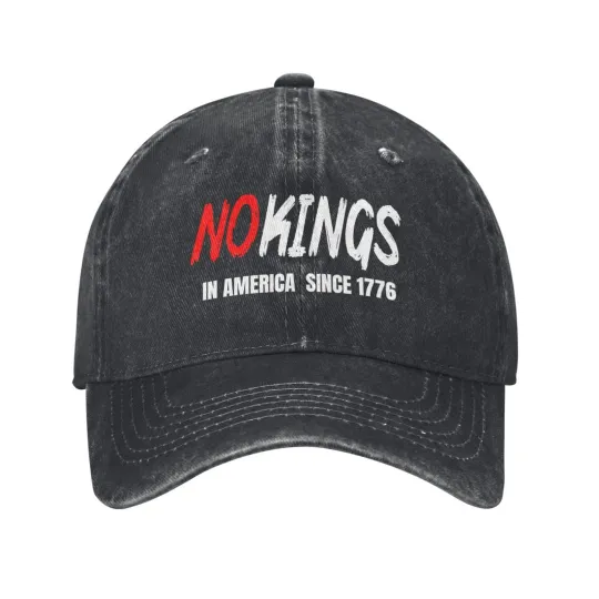 Discover Washed Denim Baseball Cap Unisex Casual Hat with No Kings In America Since 1776 Print