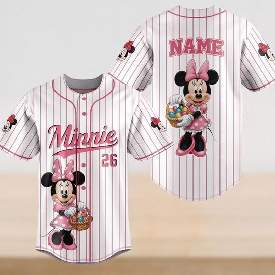 Discover Disney Happy Easter Baseball Jersey, Custom Minnie Mouse Bunny Easter Baseball Shirt, Disney Easter Eggs Jersey, Disneyland Easter Gift