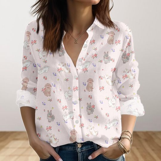 Discover Cottagecore Bunny Blouse Shirt, Pastel Rabbit Floral Women Shirt, Vintage Animals Linen-Look Shirt, Happy Easter Gift For Her
