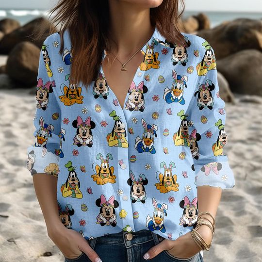 Discover Disney Easter Blouse Shirt, 2026 Mickey And Friends Bunny Ears Women Shirt, Disney Easter Disneyland Linen-Look Shirt, Easter Gifts
