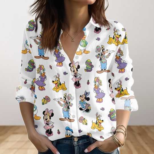 Discover Mickey And Friends Easter Day Women Shirt, Happy Easter Linen-Look Shirt, Disney Easter Eggs Casual Shirt, Blouse Shirt Gift For Her