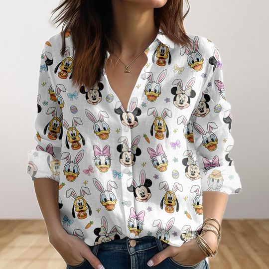 Discover Disneyland Easter Day Women Blouse Shirt, Mickey And Friends Easter Linen-Look Shirt, WDW Family Easter Trip Casual Shirt, Gift For Her