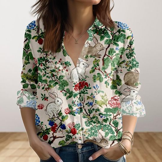 Discover Woodland Rabbit Blouse Shirt, Vintage Botanical Bunny Women Shirt, Nature Floral Button Up Shirt, Bunny Lovers Shirt, Easter Day Gifts