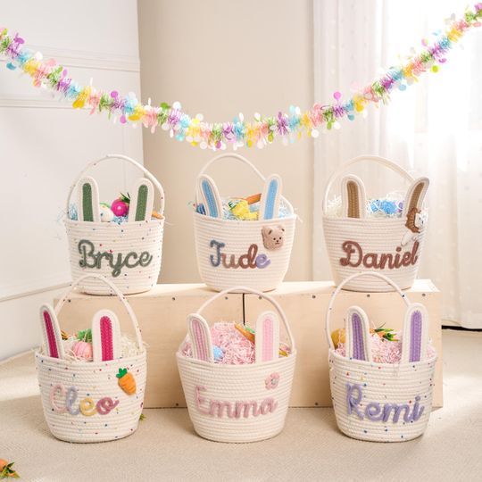 Personalized Rope Easter Basket with Bunny Ears for Toddlers