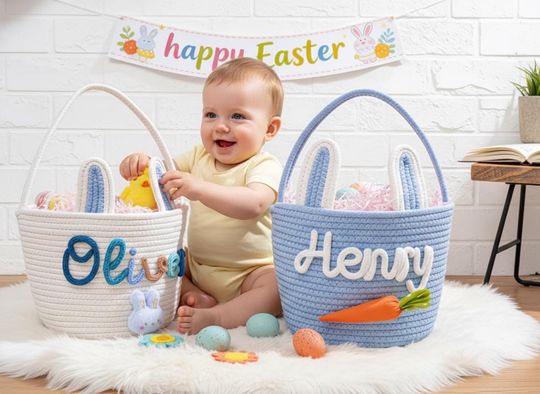 Custom Rope Easter Basket  Bunny Ear Design, Kids Egg Hunt Bag