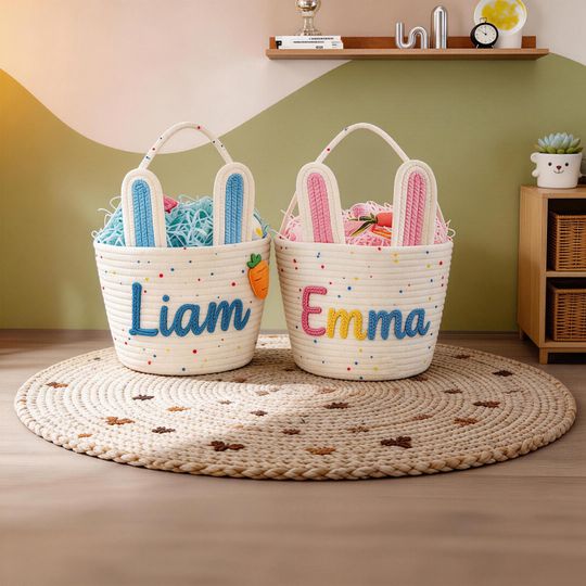 Custom Rope Personalized Easter Basket - Name Bunny Easter Egg Hunt Kids Gift