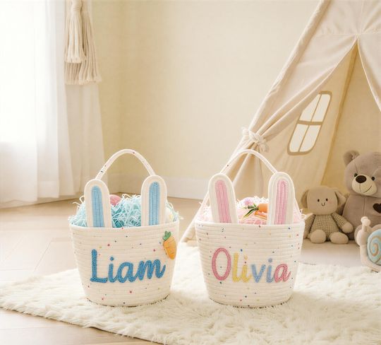 Discover Personalized Rope Cotton Easter Basket | Bunny Ears Keepsake Gift for Baby's First Hunt