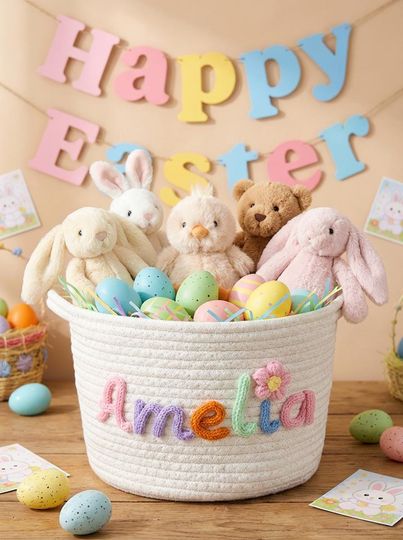 Personalized Easter Basket with Name, Easter Bunny Gift for Kids, Handwoven Rope Basket, Easter Egg Hunt Basket, Baby Shower Gift