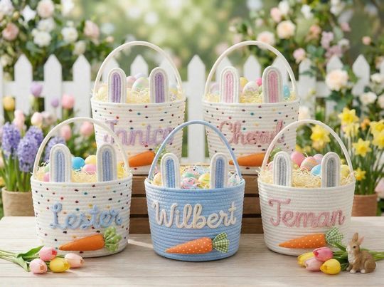 Personalized Easter Basket with Bunny Ears, Handwoven Cotton Rope For Kids Egg Hunt