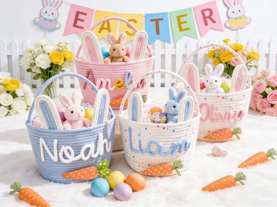 Personalized Easter Basket for Kids,Custom Name Bunny Basket,Easter Egg Hunt Basket,Baby First Easter Gift