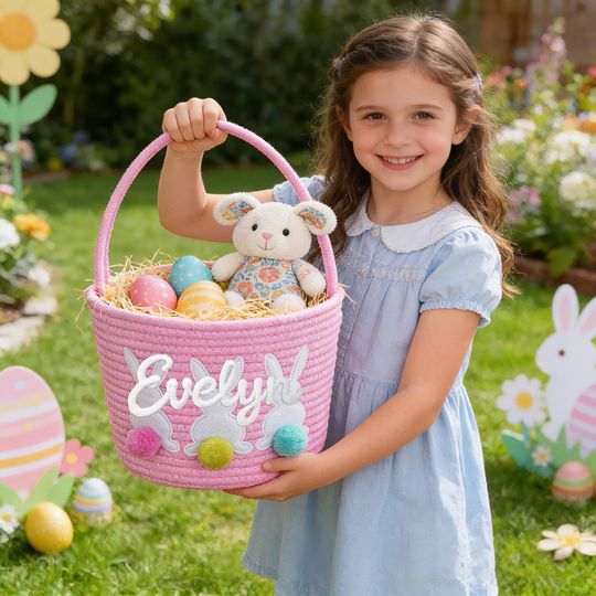 Discover Personalized Bunny Easter Basket, Cotton Rope Storage Basket, Custom Baby Name Easter Gift Basket, Easter Egg Hunt Basket, Easter Bucket